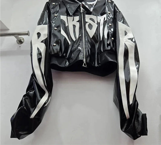 Short Jacket Faux Leather Letter