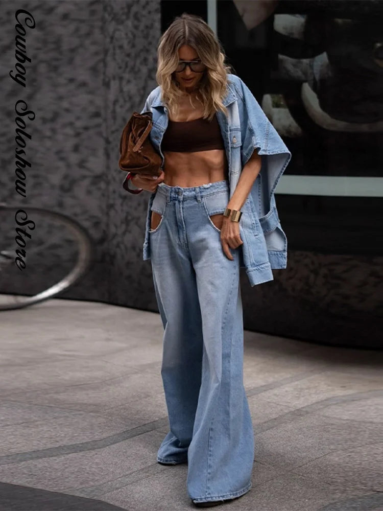 Street Hollow Out Jacket Pants Set