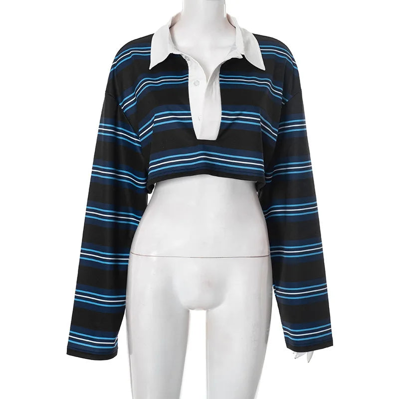 Casual Striped Polo Collar Crop