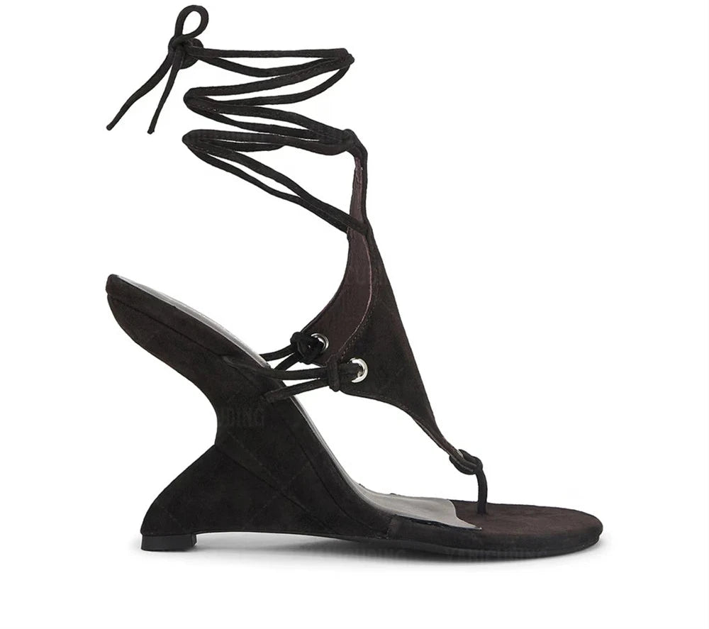 Sculpted Wedge Thong Sandals Ankle Wrap