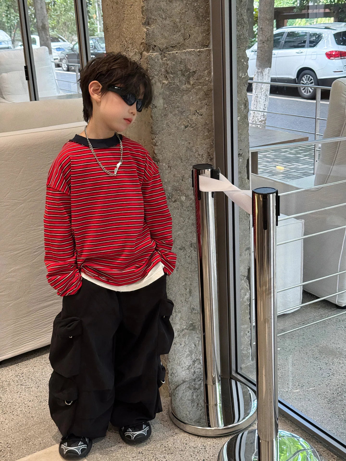 Red Stripe T-shirt Boys Crewneck Long Sleeve Loose Pullover