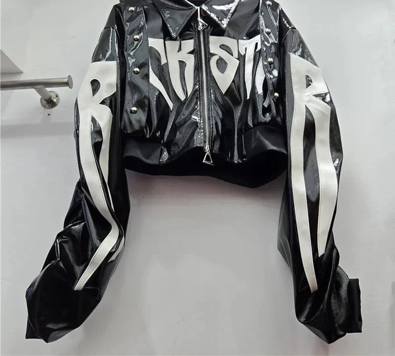 Short Jacket Faux Leather Letter