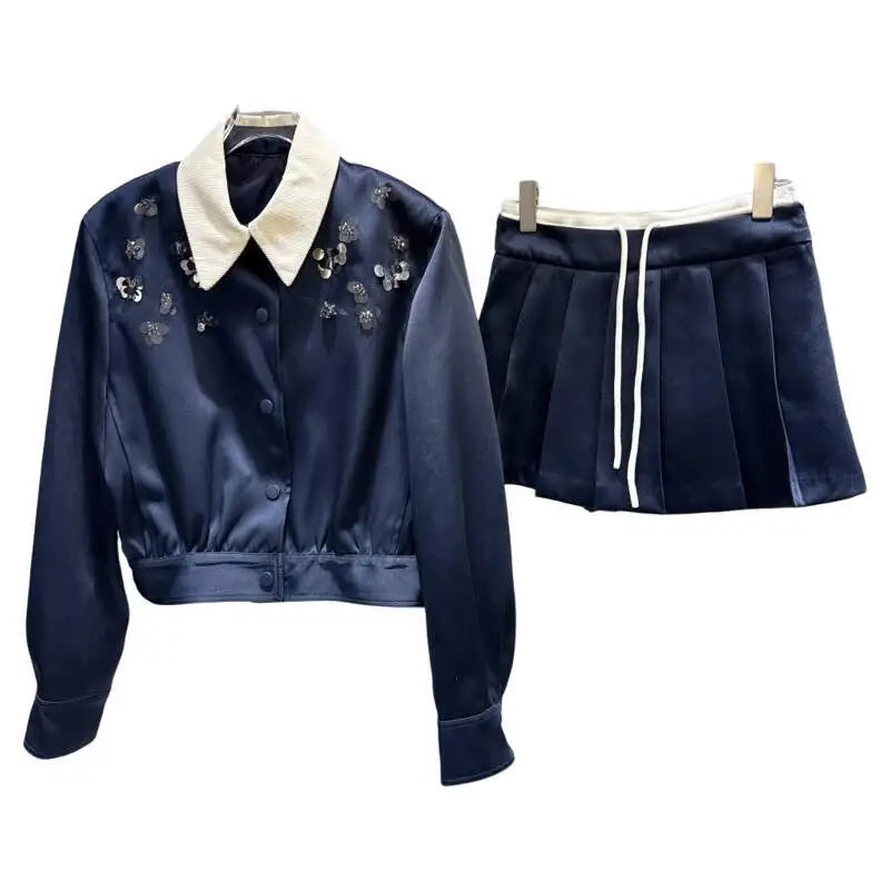 Turn Down Collar Sequins Beadings skirt set