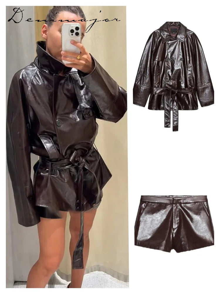Street Belt Leather Jacket Shorts Set Women