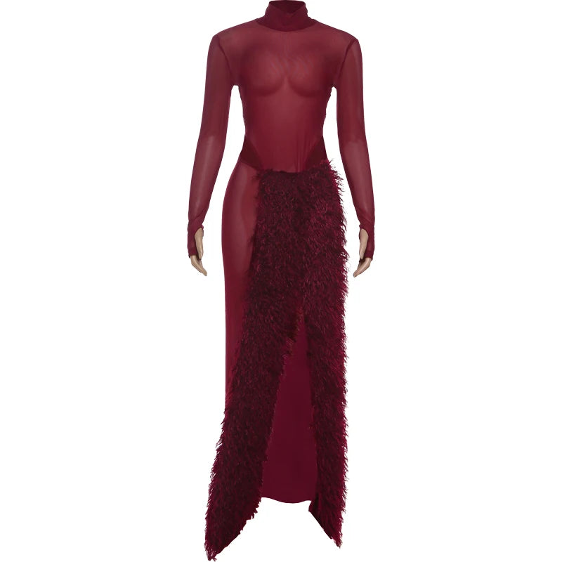 Women Bodysuit+Furry Patchwork