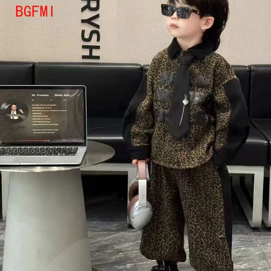 Boys Loose Leopard Pattern Sets kid outfits Spring Autumn Casual Patchwork Leopard Pattern Jacket Top + Pants + tie 3pcs Set
