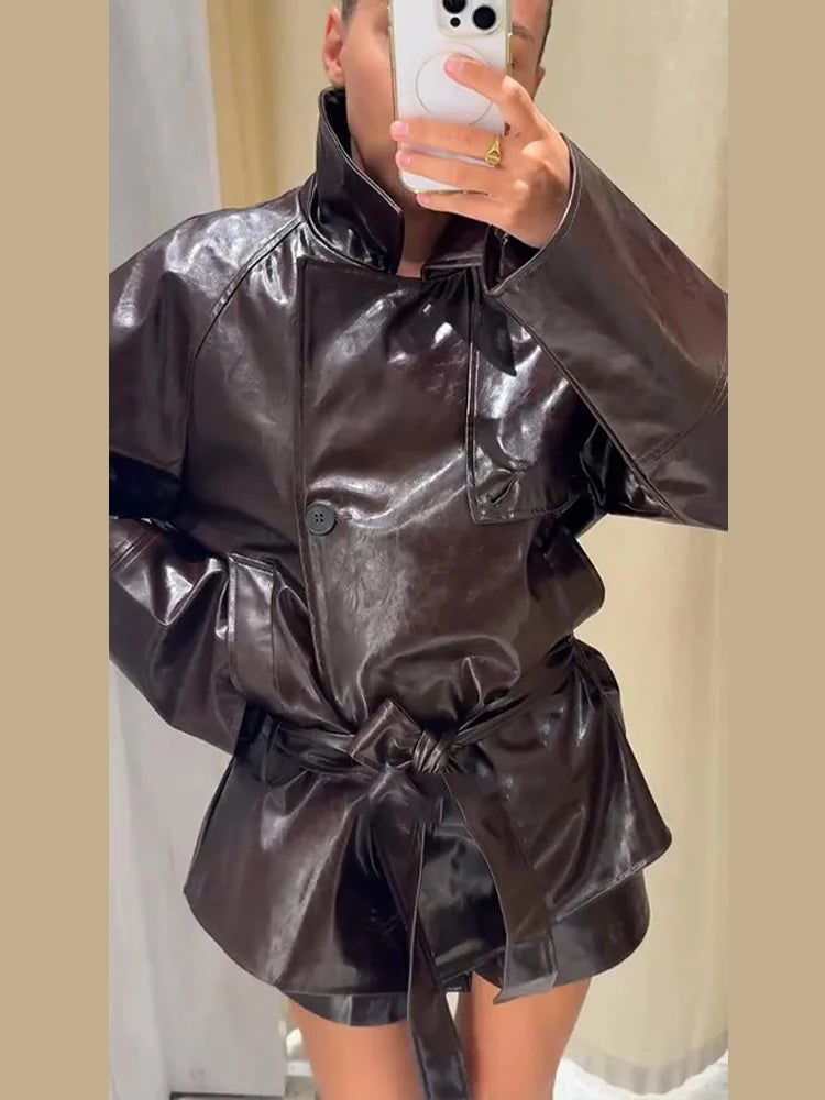 Street Belt Leather Jacket Shorts Set Women