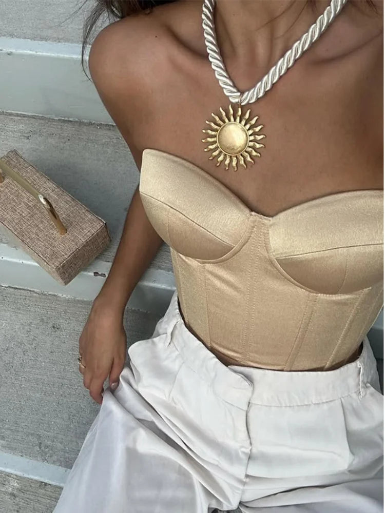 Elegant Solid Top For Women Strapless Sleeveless Backless Lace Up Slim Vest 2025 Summer New Female Sexy Vacation Club Tank Top