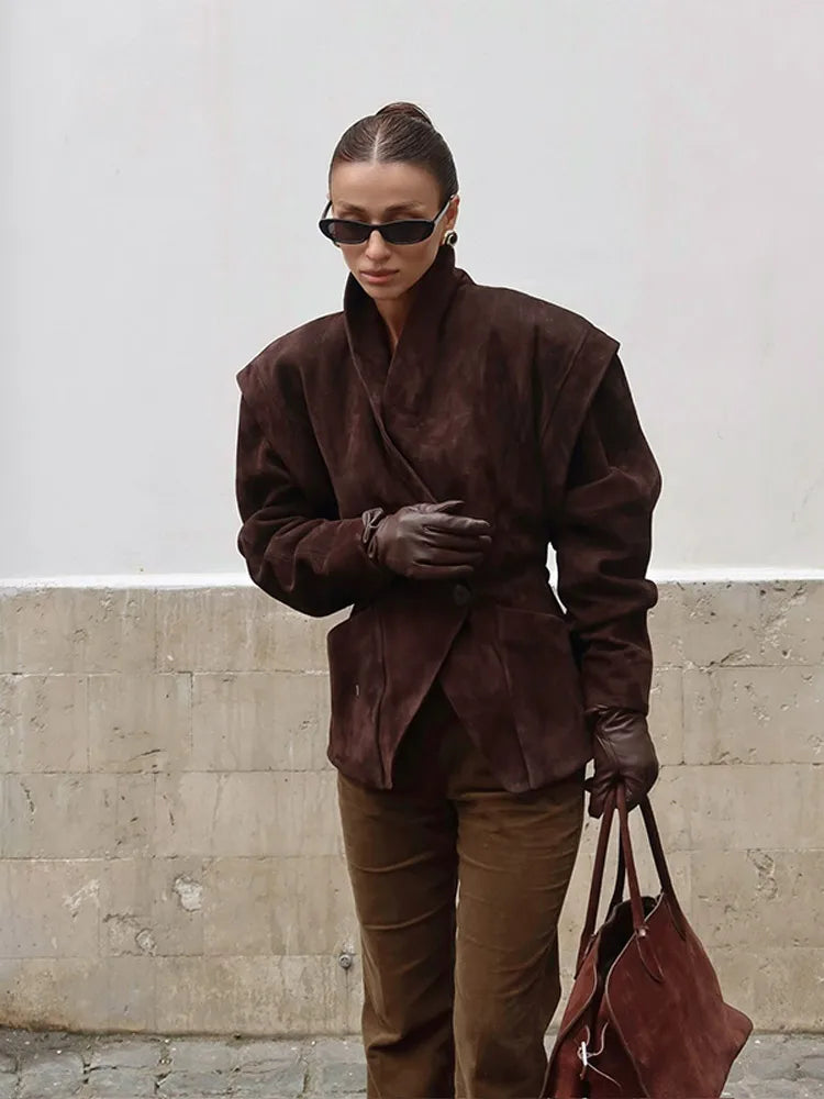 Dark Brown Suede Oversized Blazer Women Long Sleeve
