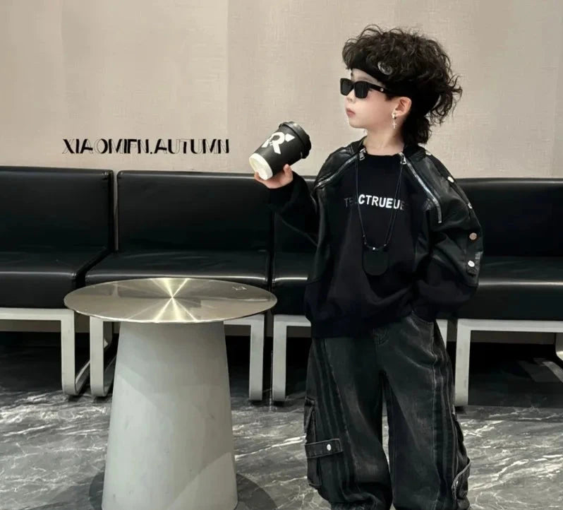 Splicing PU Sweater Denim