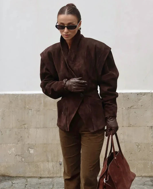 Dark Brown Suede Oversized Blazer Women Long Sleeve