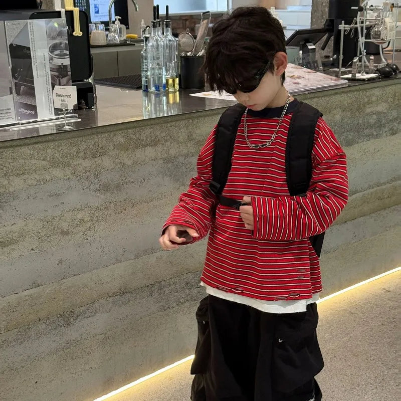 Red Stripe T-shirt Boys Crewneck Long Sleeve Loose Pullover