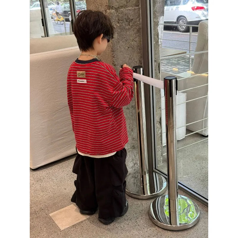 Red Stripe T-shirt Boys Crewneck Long Sleeve Loose Pullover