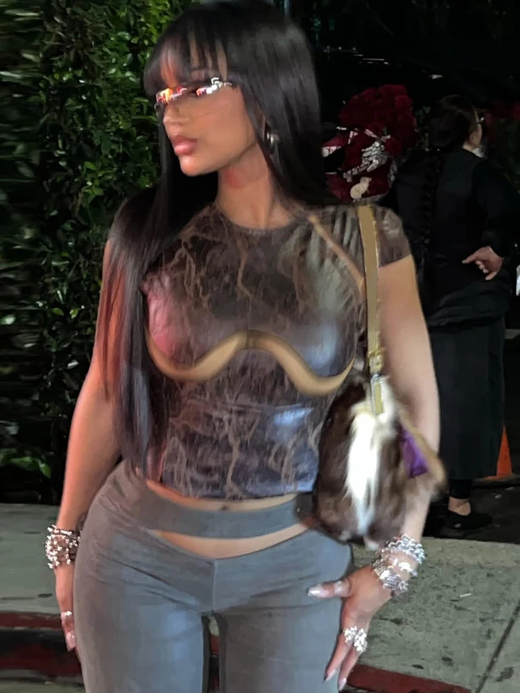 Nibber Fashion Print Mesh Patchwork