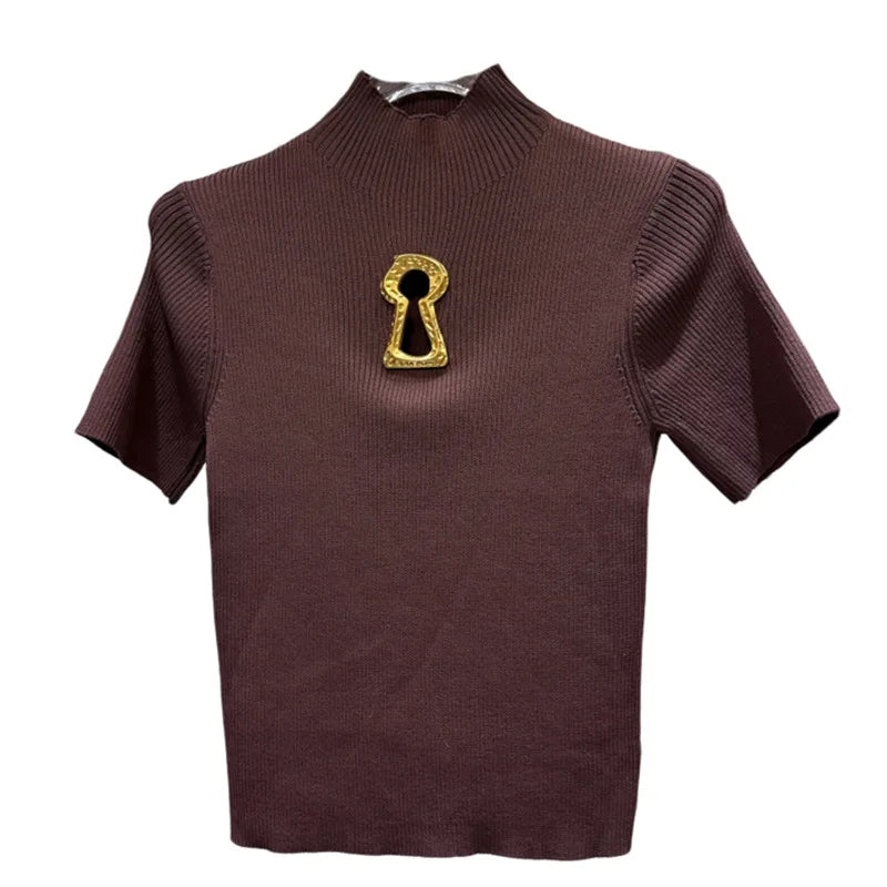 Metal Hollow Buckle Design Knitted Short Sleeve