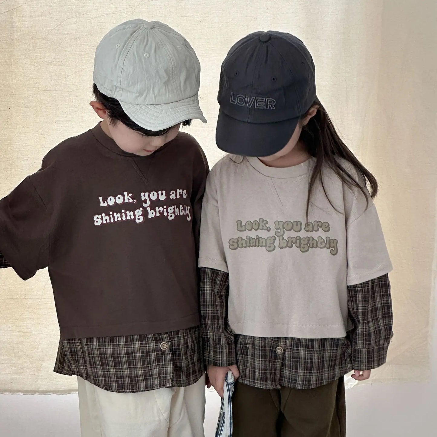 Splicing Plaid Letter Printed kids T-shirt Cotton Round