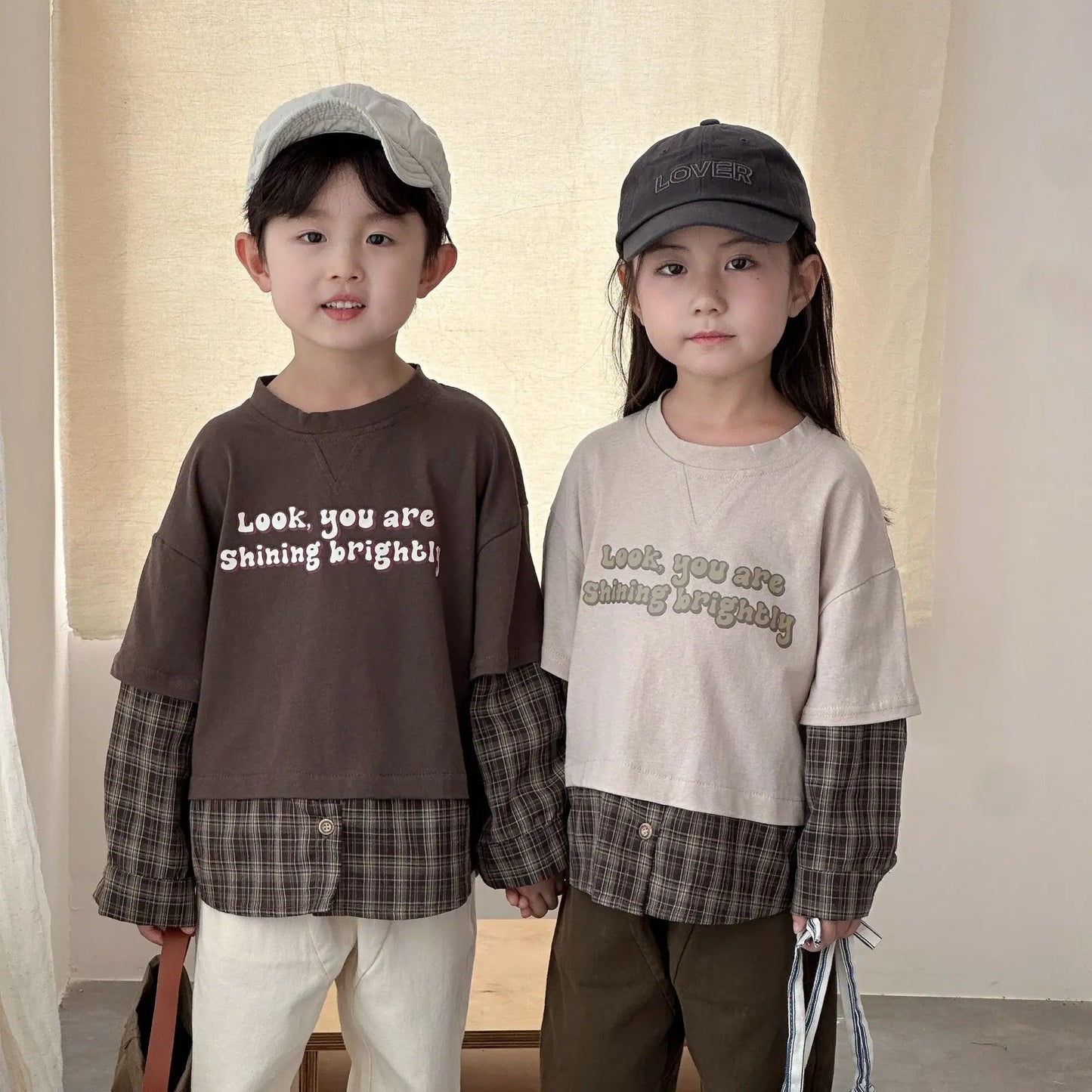 Splicing Plaid Letter Printed kids T-shirt Cotton Round