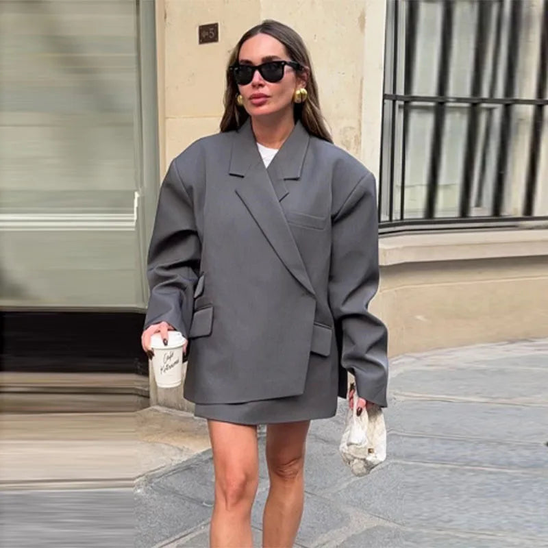 Loose Elegant Grey Asymmetric Blazer