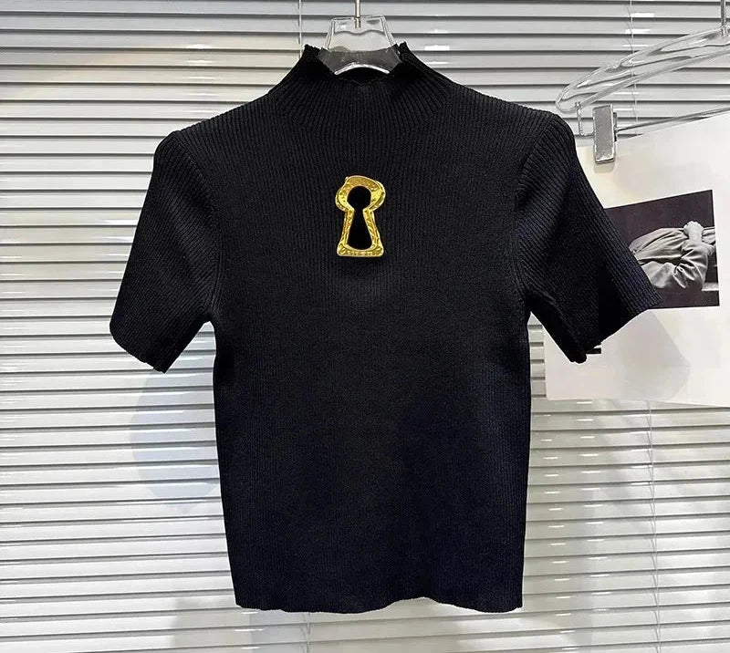 Metal Hollow Buckle Design Knitted Short Sleeve