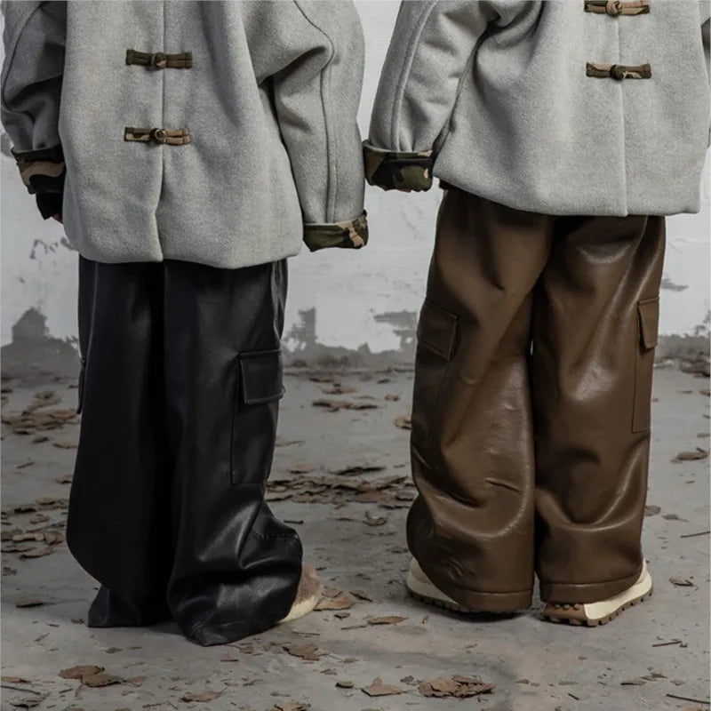 Children PU Leather Loose Cargo Pants