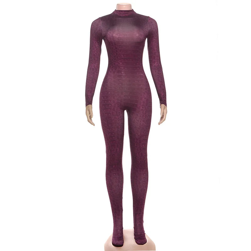 Serpentine Print Footed Skinny Jumpsuits