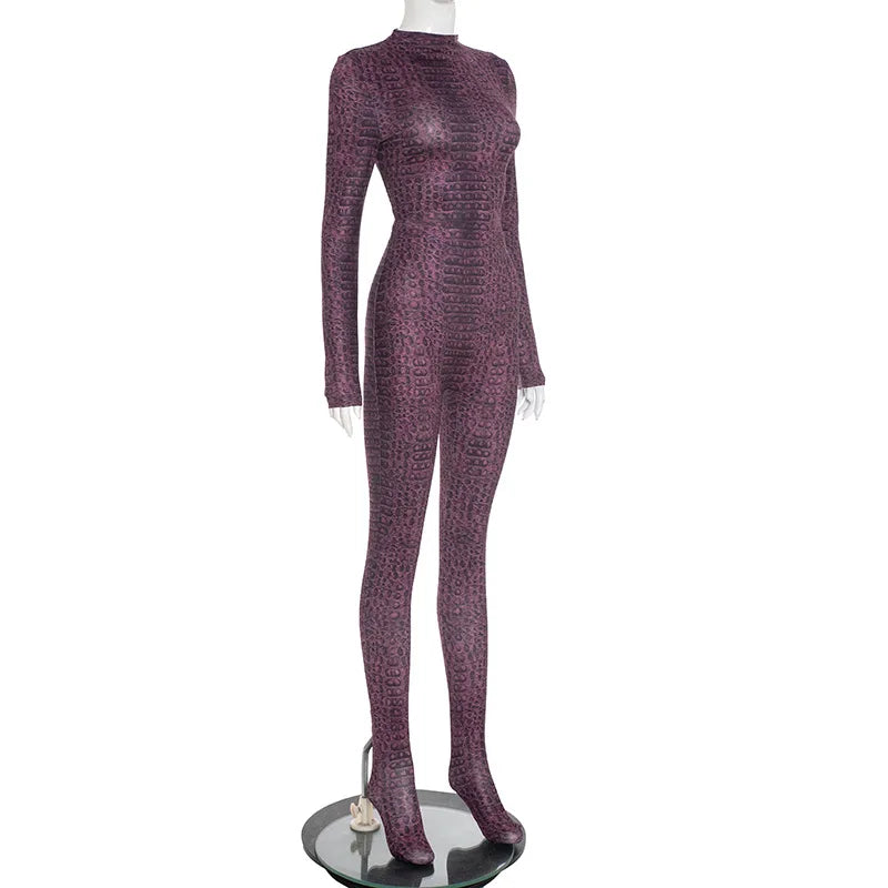 Serpentine Print Footed Skinny Jumpsuits