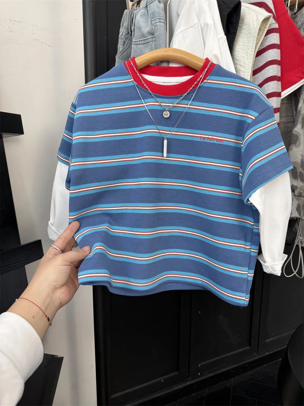 2025 Spring New Boys Red and Blue Stripe
