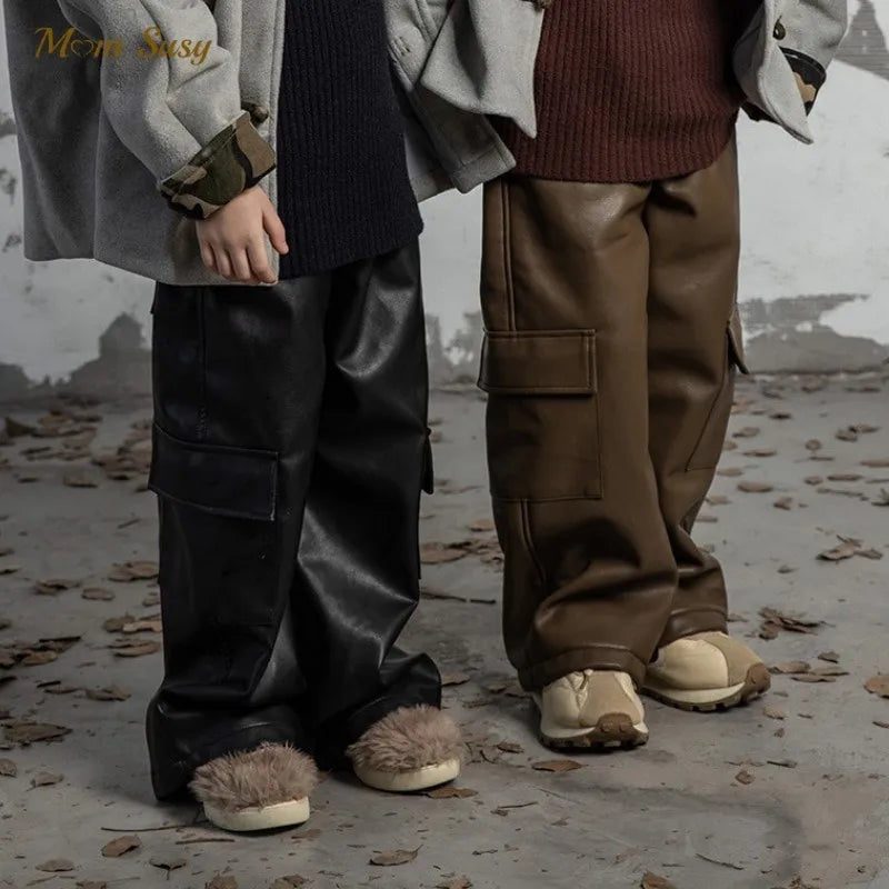 Children PU Leather Loose Cargo Pants