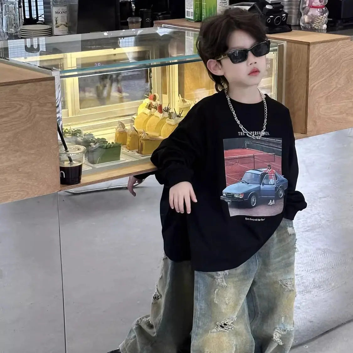 Car T-shirt washed out denim Set