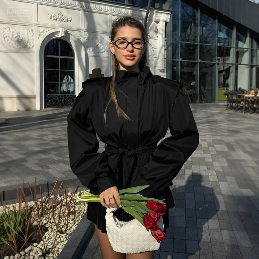 Lace-up Slim Solid Trench Coat