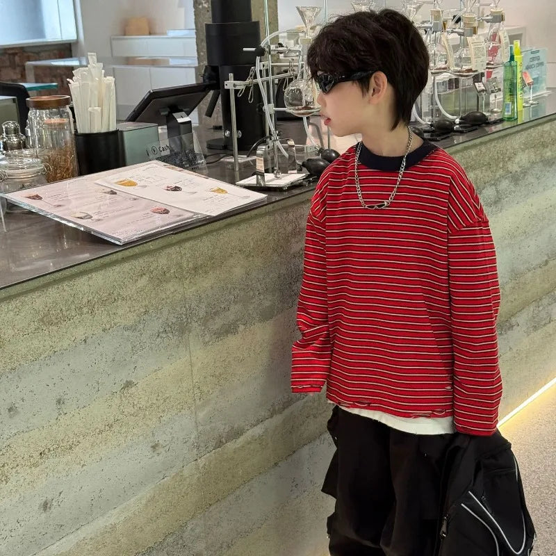 Red Stripe T-shirt Boys Crewneck Long Sleeve Loose Pullover