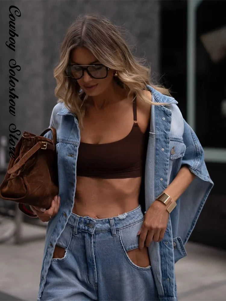 Street Hollow Out Jacket Pants Set