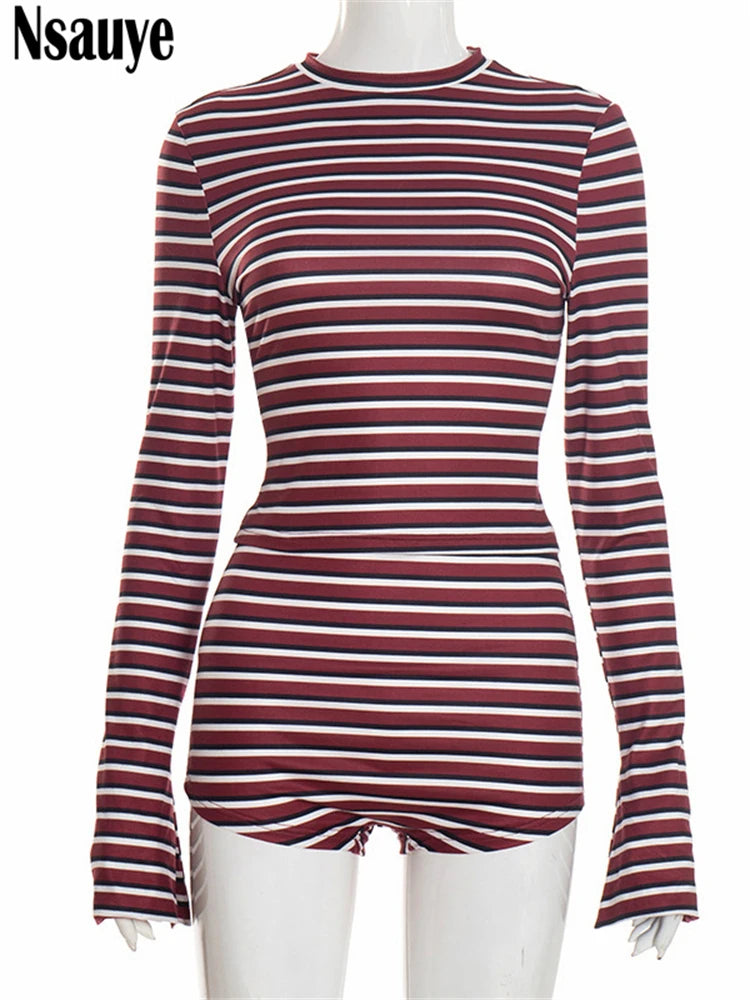 Long Sleeve Casual Basic Striped Cropped