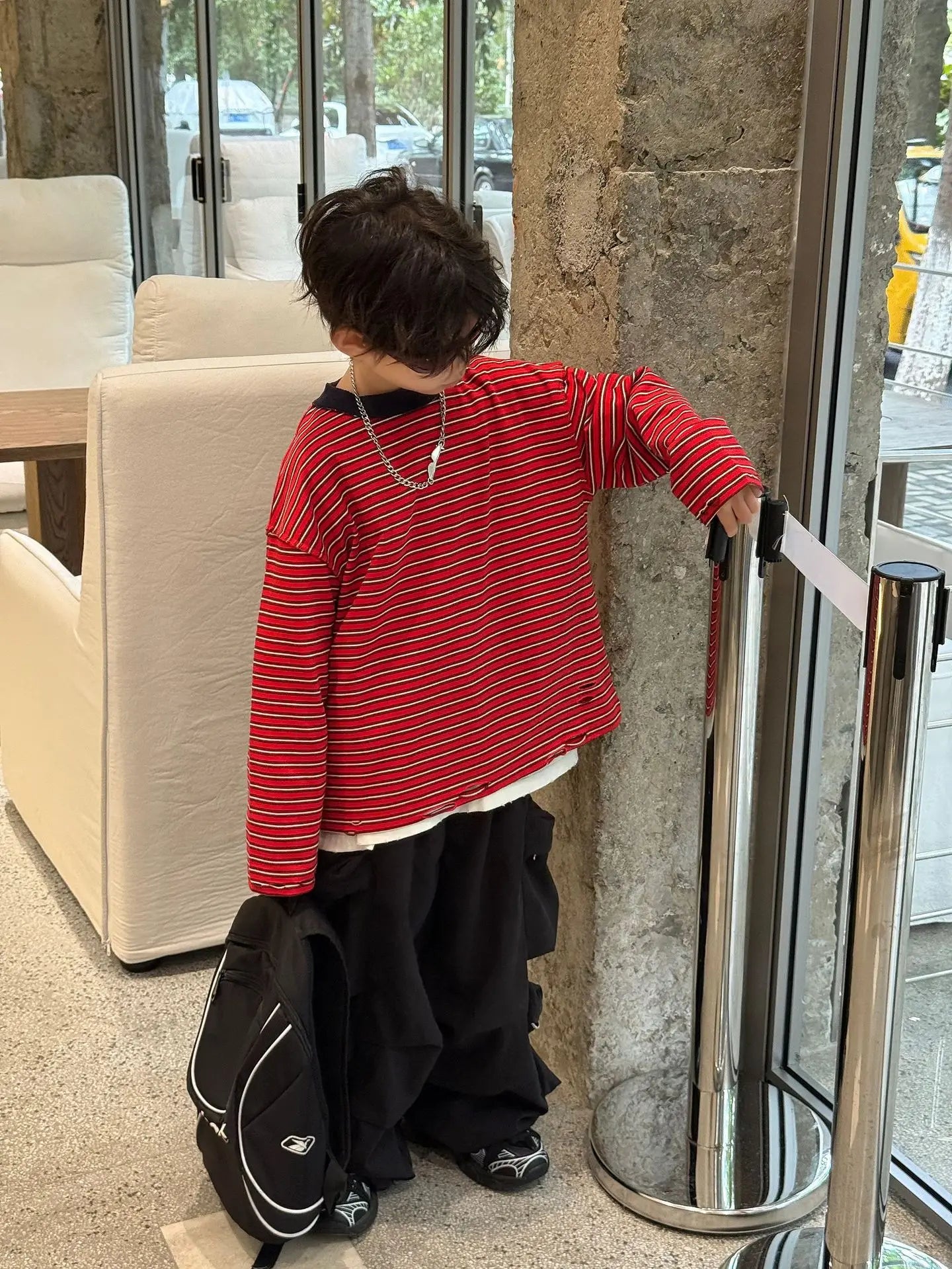 Red Stripe T-shirt Boys Crewneck Long Sleeve Loose Pullover