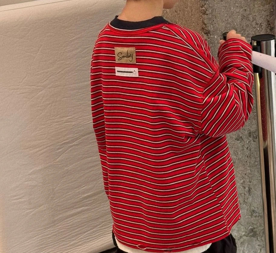 Red Stripe T-shirt Boys Crewneck Long Sleeve Loose Pullover