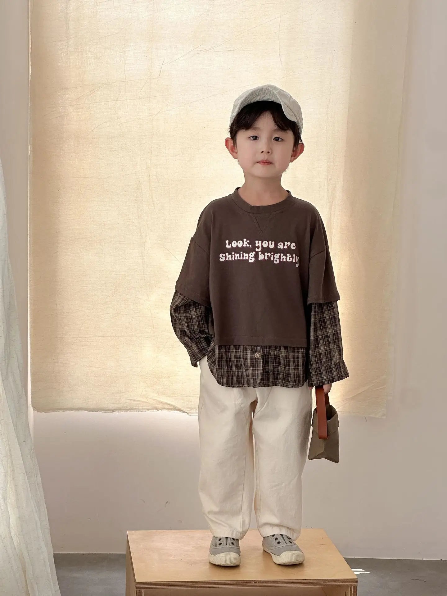 Splicing Plaid Letter Printed kids T-shirt Cotton Round