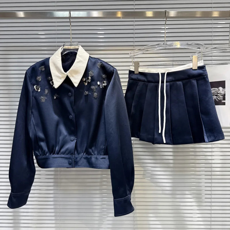 Turn Down Collar Sequins Beadings skirt set