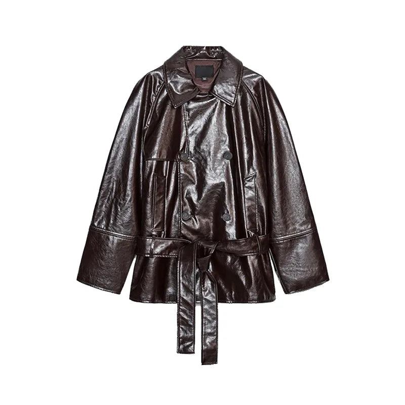 Street Belt Leather Jacket Shorts Set Women