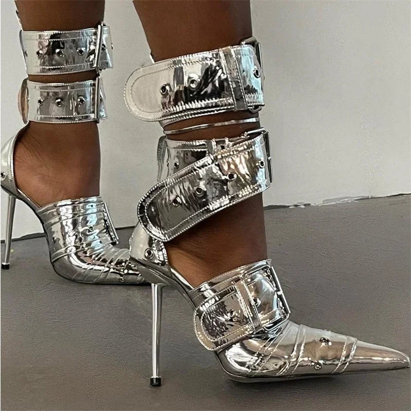 Rivet Buckle Silver Sandals