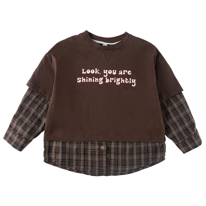 Splicing Plaid Letter Printed kids T-shirt Cotton Round