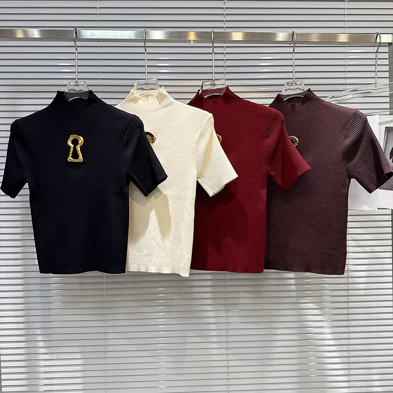 Metal Hollow Buckle Design Knitted Short Sleeve