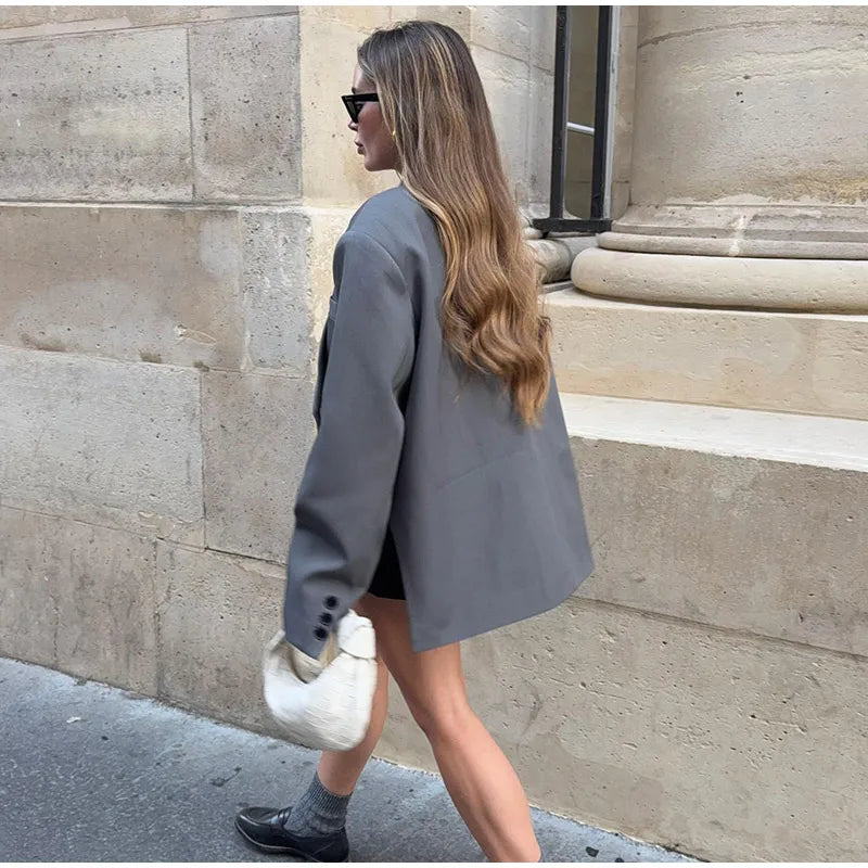 Loose Elegant Grey Asymmetric Blazer