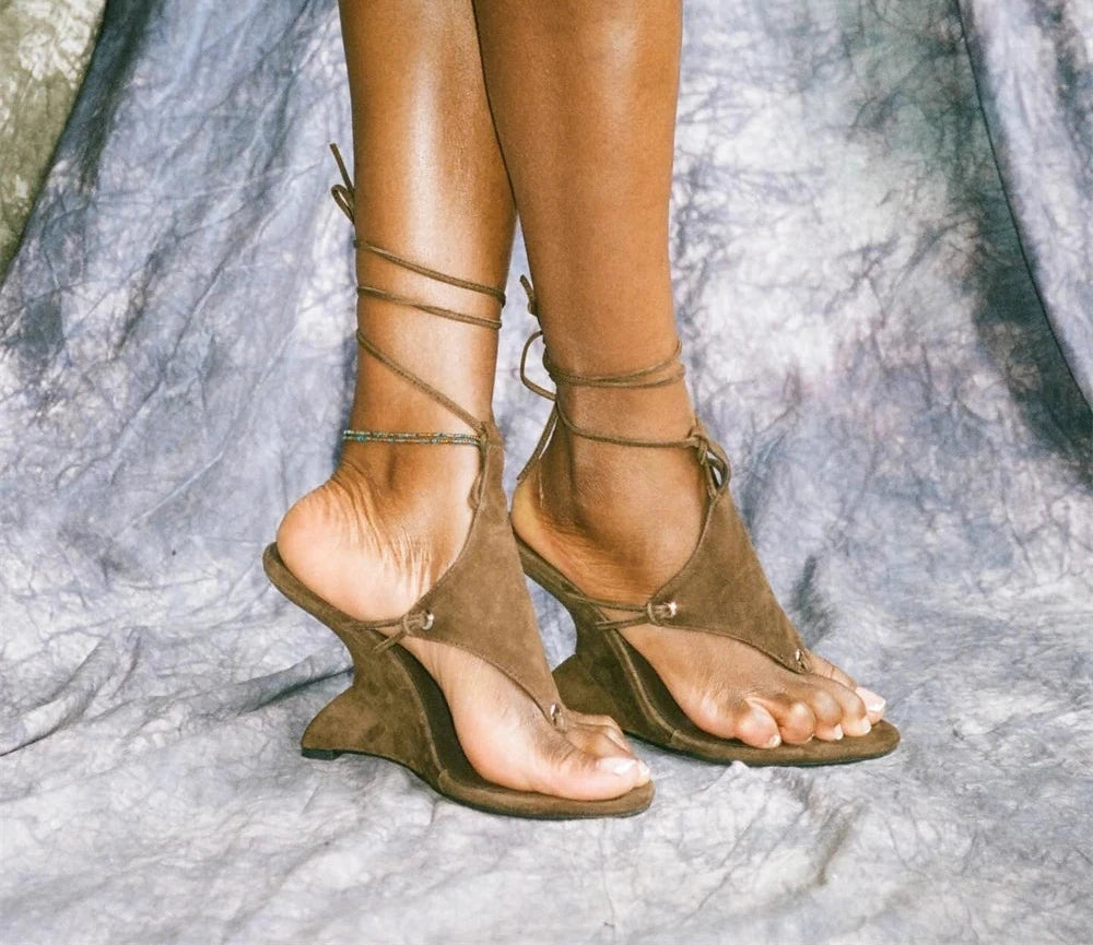 Sculpted Wedge Thong Sandals Ankle Wrap