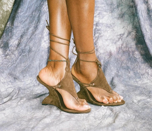 Sculpted Wedge Thong Sandals Ankle Wrap