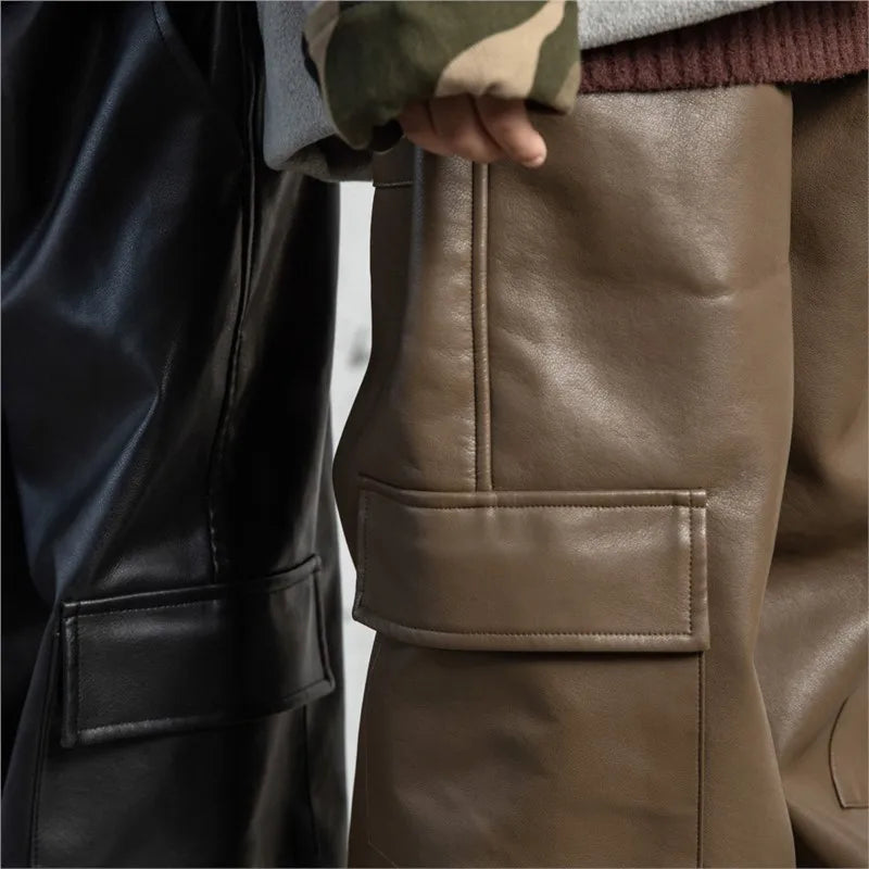 Children PU Leather Loose Cargo Pants