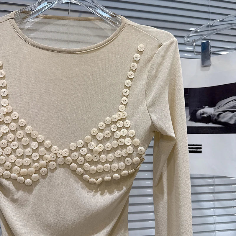 Button Beaded Bikini Pattern Mesh