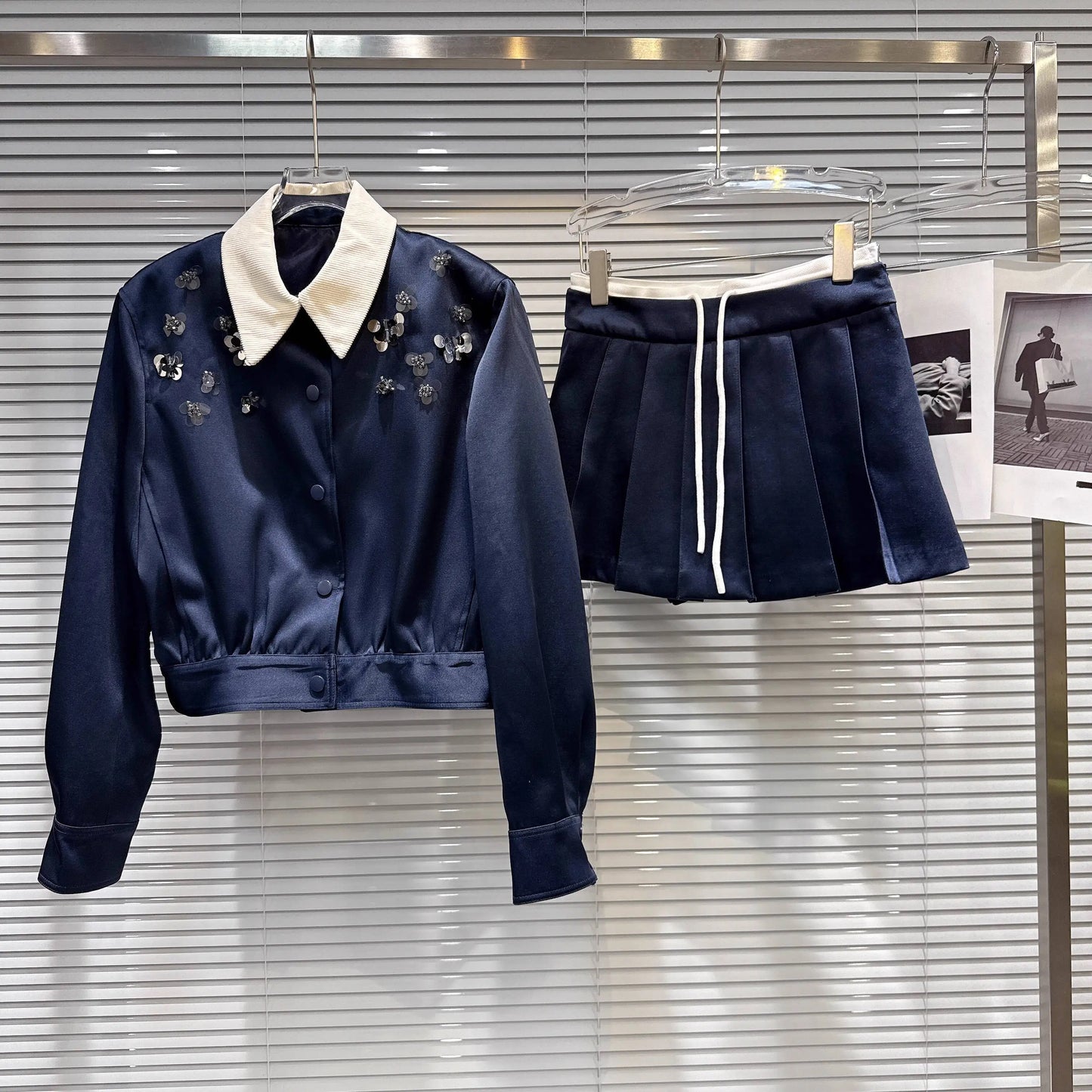 Turn Down Collar Sequins Beadings skirt set