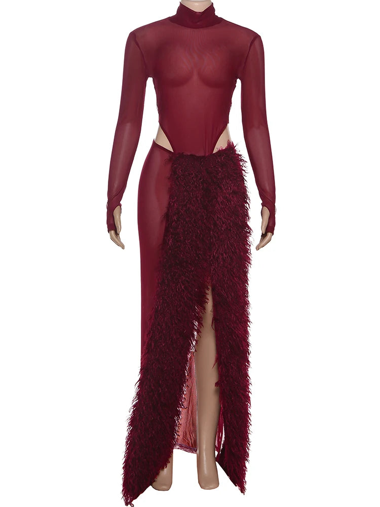 Women Bodysuit+Furry Patchwork