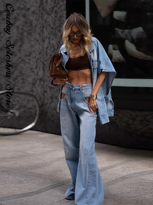 Street Hollow Out Jacket Pants Set