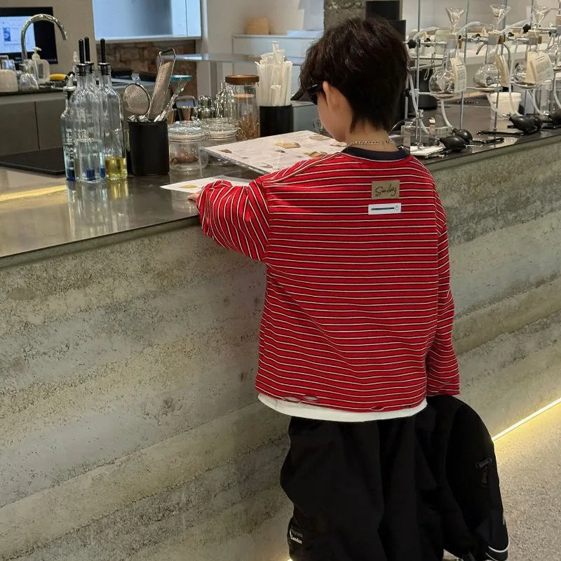 Red Stripe T-shirt Boys Crewneck Long Sleeve Loose Pullover